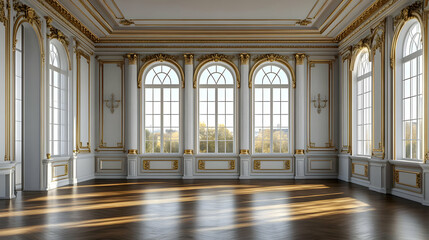 Wall Mural - Elegant interior with large windows and ornate architectural details.