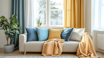 Poster - Cozy living room with a sofa, colorful pillows, and plants.