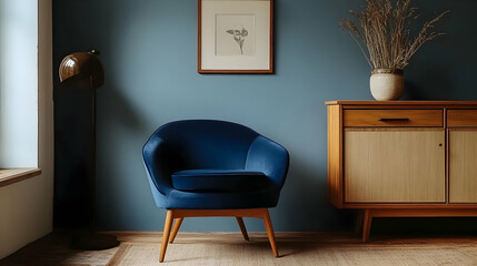 Poster - Cozy interior featuring a blue chair and wooden furniture.