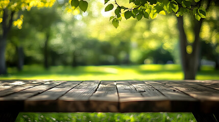 Poster - A serene wooden table in a lush green park setting.