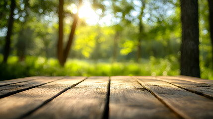 Poster - Sunlit forest scene with a wooden table in the foreground.