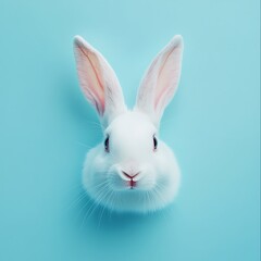 Wall Mural - A cute white rabbit with large ears against a soft blue background.