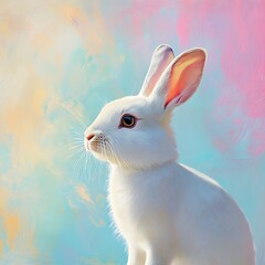 Wall Mural - A serene white rabbit against a soft pastel background, showcasing its gentle features and calm demeanor.