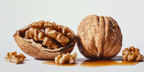 Canvas Print - Realistic walnuts in their shells and shelled walnuts are beautifully arranged on a light background. The texture and detail showcase their natural beauty. Perfect for food-related themes. AI