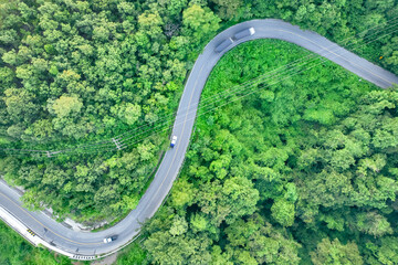 Wall Mural - Aerial view car and truck driving on winding road through green forest. Sustainable transport. Electric vehicles and hydrogen energy trucks in natural landscape. Eco-friendly highway. Green logistics.