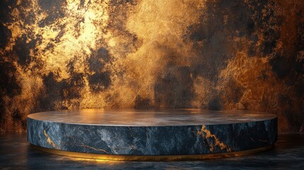 Wall Mural - A round marble podium with a gold trim sits in front of a dark background with a glowing orange texture.