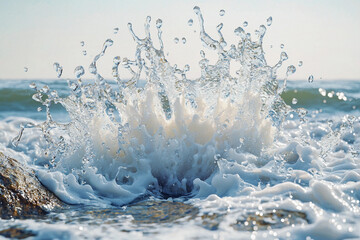 Poster - Water splash at the rocky shore during sunny daylight hours