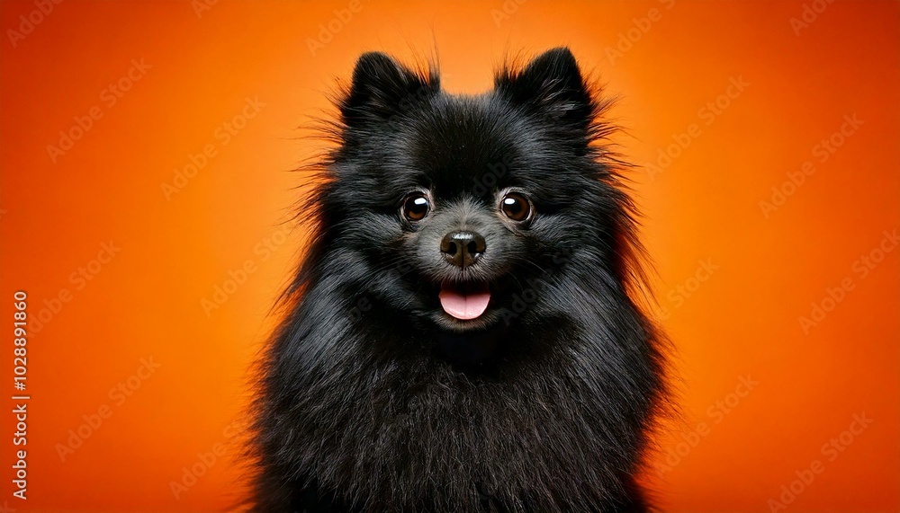 オレンジの背景の黒ポメラニアン Stock Photo | Adobe Stock
