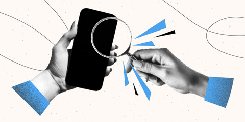 Wall Mural - halftone collage with a phone and a hand with a loupe. search concept, interaction with search engin
