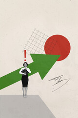 Trend artwork image collage of workspace trader analyze finance budget huge arrow grow up show direction circle young businesswoman stand