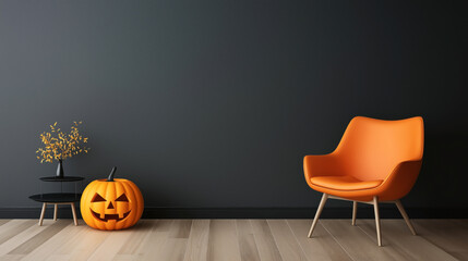 Wall Mural - Minimalist interior with orange chair, decorative pumpkin, vase with branches, and a small table against a dark gray wall