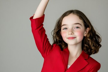 An attractive brunette woman in a trendy red jacket and white t-shirt stands alone over a red background wall looking at the camera and celebrating victory.