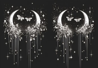 Canvas Print - Two crescent moons with floral accents and butterflies.