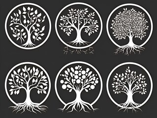 Wall Mural - Set of six tree illustrations in white, with roots, in circles on black background.