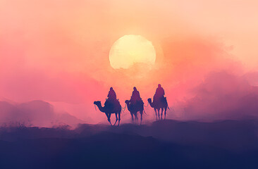 Wall Mural - Three figures riding camels across a desert landscape at sunset.