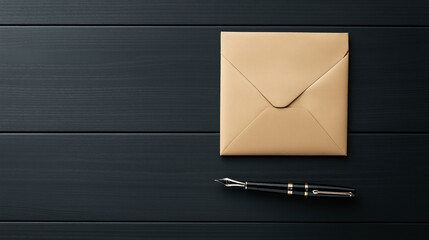 Sticker - Kraft paper envelope next to a fountain pen on a dark wooden surface, creating a minimalistic and elegant scene.