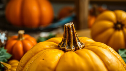 Wall Mural - close- a ripe pumpkin with a detailed stem