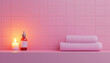 © Wonderful Studio - Elegant bathroom setup with towels, candle, and essential oil on a pink tiled shelf.