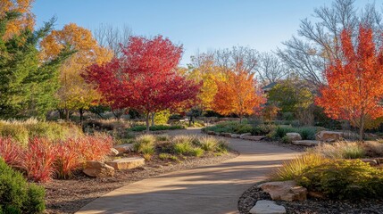 Wall Mural - Scenic autumn park with vivid red, orange, and yellow leaves, peaceful pathways, and tranquil nature surroundings