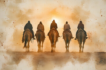 Wall Mural - A watercolor painting of five people riding camels in silhouette, with the setting sun in the distance, creating a warm and atmospheric scene.