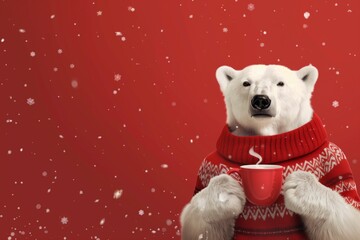 Merry Christmas banner with white polar bear in red sweater with hot cup of tea or coffee on red background. Happy new year background with space for text. Generative AI.