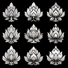 Wall Mural - Nine elegant floral patterns in silver on black.