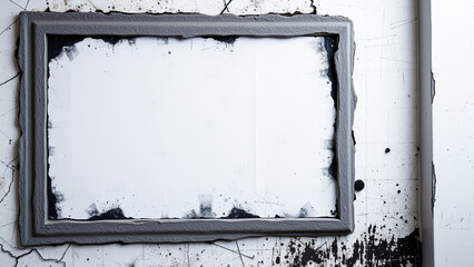 Wall Mural - weathered gray frame on a white wall with black paint splatters