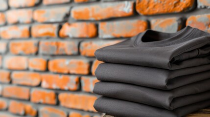 Textured Contrast: Neatly Folded Black T-Shirt on Diagonal Brick Wall with Dramatic Shadows