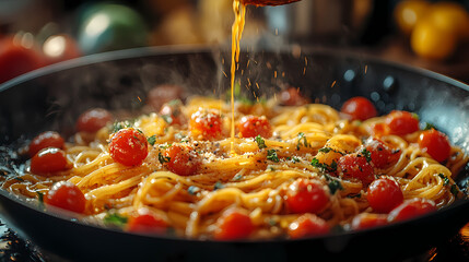 A close-up of chef influencers cooking spaghetti mix ingredients in a frying pan, adding seasoning and tasty sauce for a good flavor.