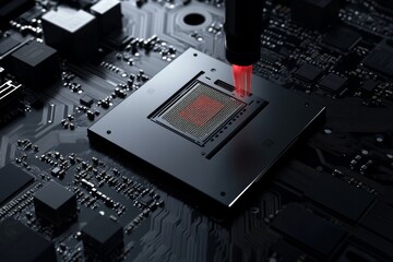 Surface of the computer processor being applied with thermal paste. Surface of the processor being applied with thermal paste.