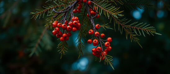 Canvas Print - branch vibrant red berries hanging from green leaves