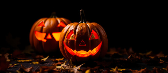 Poster - two glowing jack-o'-lanterns sit on a dark wooden surface with fallen autumn leaves