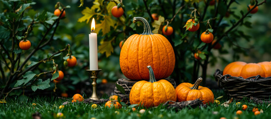 Wall Mural - lit candle pumpkins on a bed grass