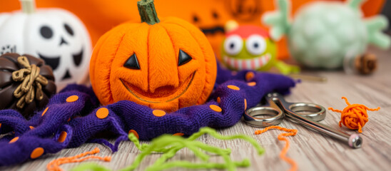 Sticker - fuzzy smiling pumpkin sits amidst halloween decorations