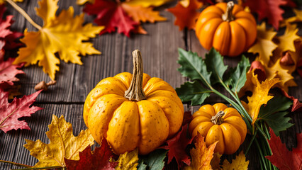 Poster - small pumpkins autumn leaves on wooden surface