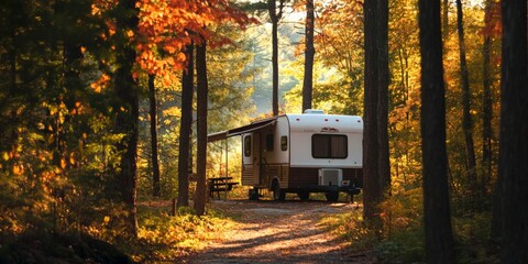 Sticker - A cozy camper nestled in a colorful forest. This image captures a peaceful moment in nature. Perfect for travel enthusiasts, this scene invokes adventure and relaxation. AI