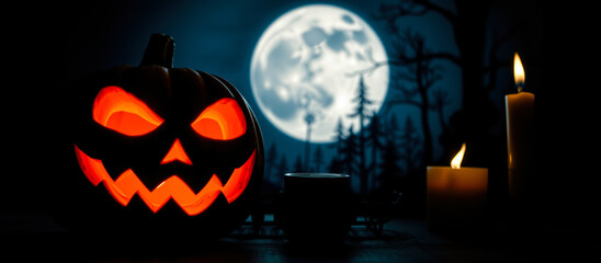 Poster - carved pumpkin glows under a full moon