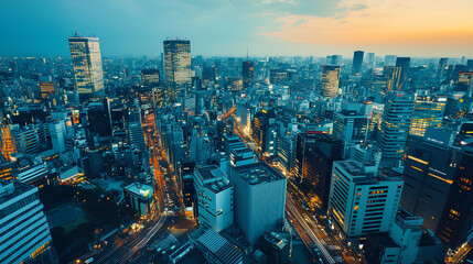 A breathtaking aerial view of Tokyo's cityscape at sunset, showcasing illuminated skyscrapers, street lights, and bustling traffic.