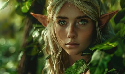 Wall Mural - Charming elf with pointed ears in a mystical forest, 4K hyperrealistic photo.