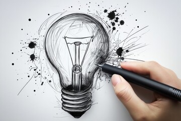 Hand-drawn sketch light bulb done black ink white A designer draws