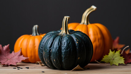 Canvas Print - dark green pumpkins with dried leaves