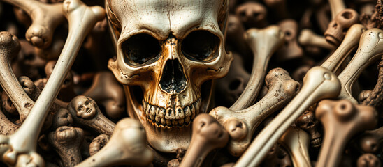 Poster - human skull rests amidst a heap bones