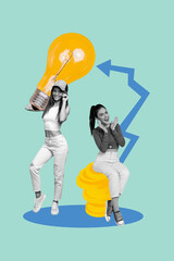 Vertical photo collage of two happy girls colleagues sit coin arrow income light bulb idea finding progress isolated on painted background