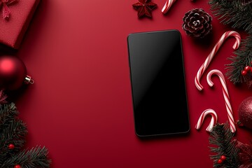 Poster - Christmas advertising, app template. Hand holding phone with empty screen on table background. Happy New Year and Xmas flat lay.