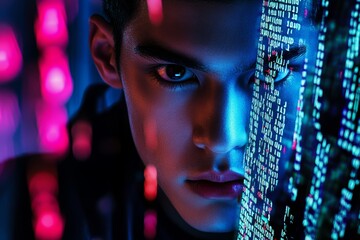 Leinwandbilder - Focus on a man, coder, and technician with research, holography, and coding, in a futuristic cyber space.