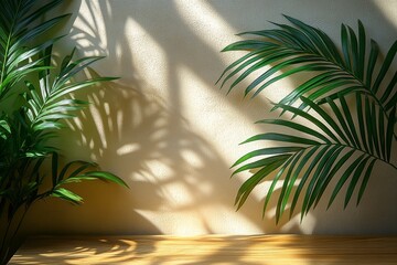 Wall Mural - Wooden table surface, palm branches, and wall shadows