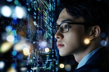 Programmer in glasses or screen reflection with data analysis, coding hologram, html or software overlay at night. Programmer in glasses or screen reflection with cybersecurity research data.