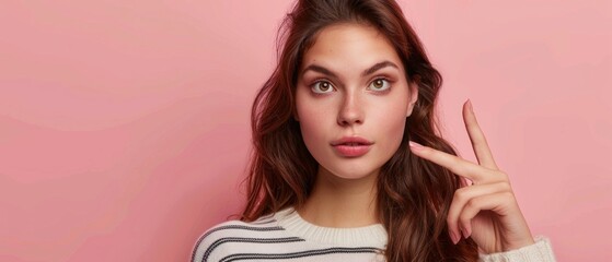 Wall Mural - A confident young woman with brown hair in a striped white sweater poses against a pink backdrop, making a peace sign, exuding positivity.