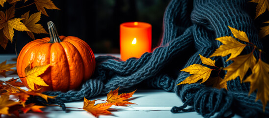 Poster - pumpkin with fall leaves a lit candle