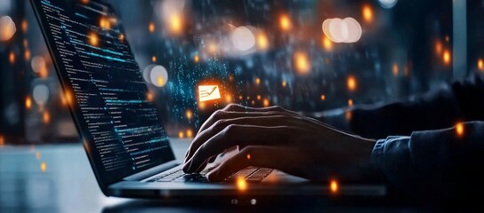 Aufkleber - An example of cyber crime and cyber security. Hand holding laptop and showing malware screen with phishing email, hacking passwords, and encrypting spyware.